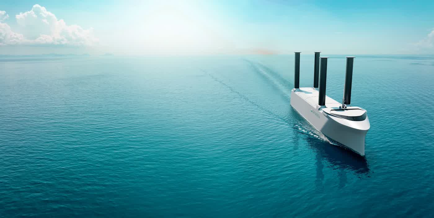 Spaera concept vessel with four wind propulsion rotors under way at sea