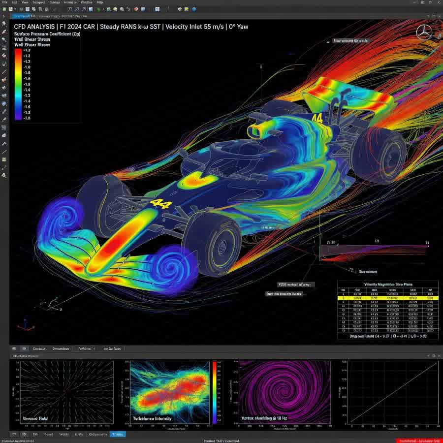 CFD analysis of a Formula 1 car showing surface pressure and wake streamlines
