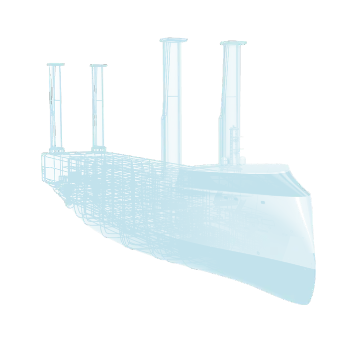 Ghosted wireframe of a concept vessel with wind propulsion rotors, shown as a digital twin